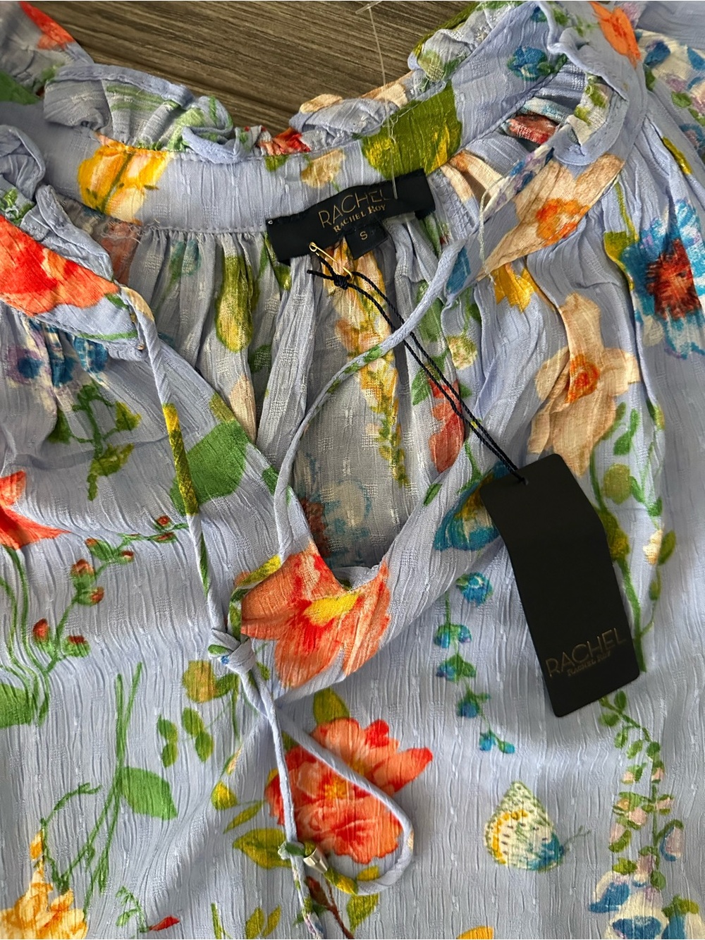 NWT RACHEL Rachel Roy Blue Floral Peasant Blouse with Orange Accents - Picture 2 of 3